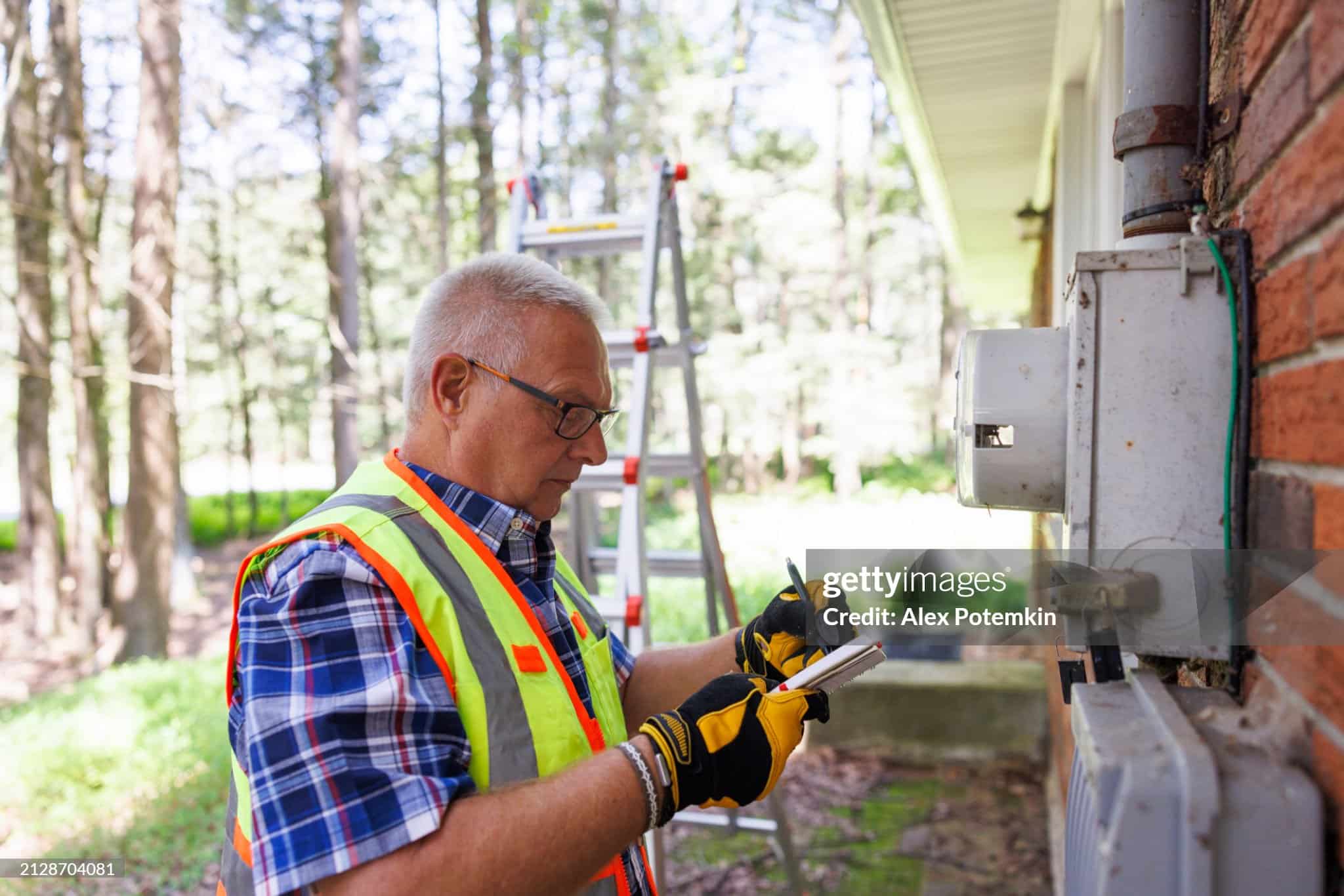 Mature gray haired man in glasses and vest writing notes and checking gas meters to see if they damaged by storm.