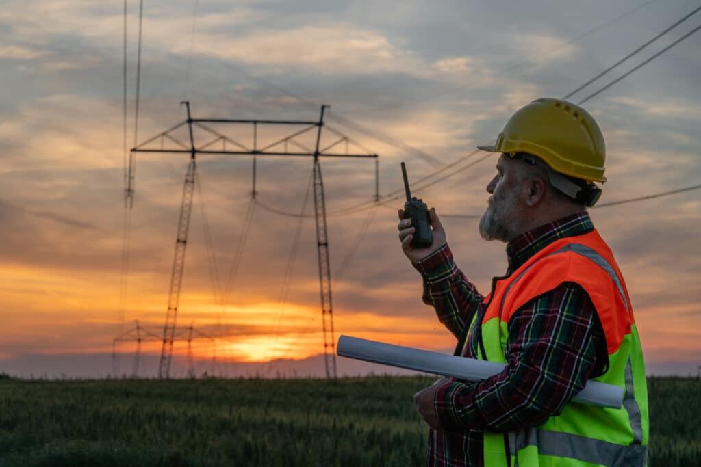 Electrician inspecting high-voltage towers